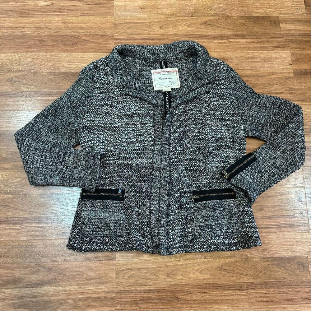Anthropologie Black and White Marled Knit Zip Cardigan